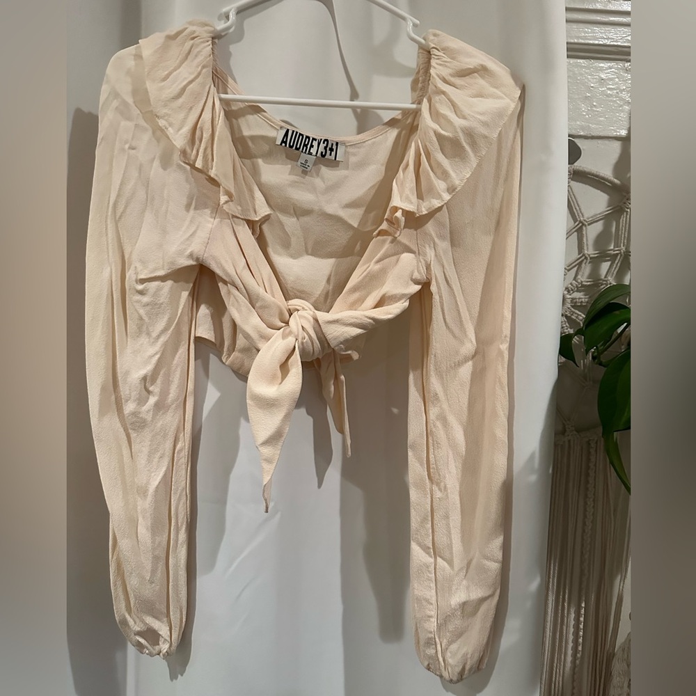 Audrey 3+1 Cream Ruffle Tie-Front Blouse